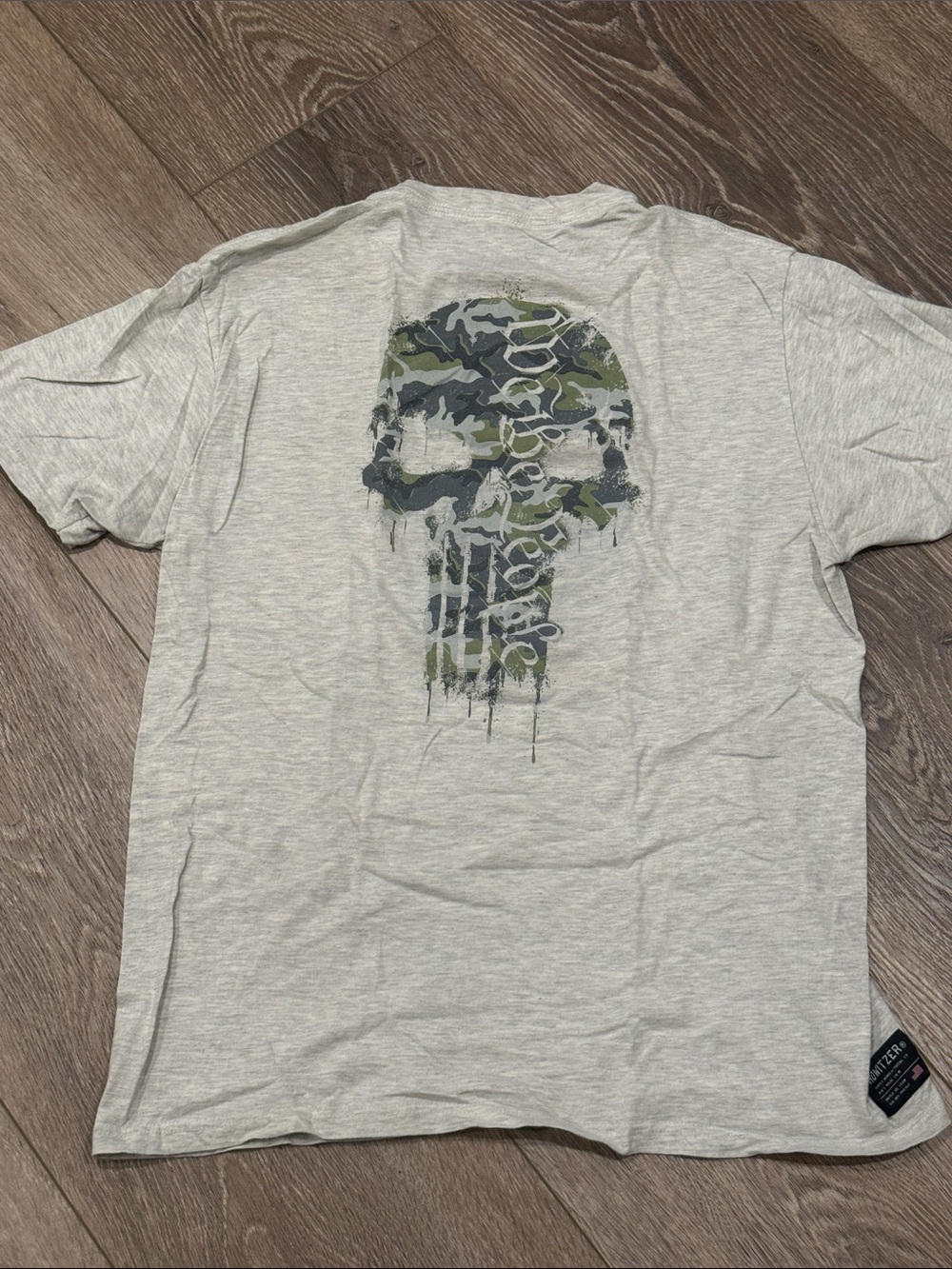 Light Gray Short-Sleeve Tee with Camo Skull Graphic Back Print